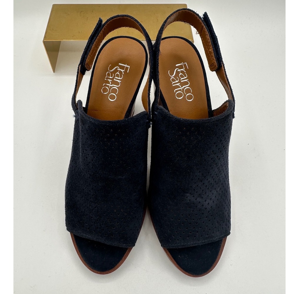 FRANCO SARTO Austin Navy Blue Suede Perforated Lug High Heel Slingback Sandals 7 - Picture 3 of 13